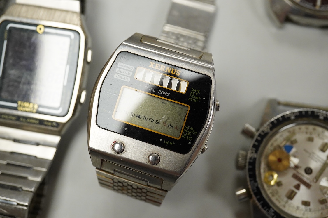 A collection of mostly gentleman’s wristwatches to include a stainless steel Tressa automatic calendar wristwatch, another Tressa wristwatch, Xernus quartz Digital display wristwatch, Timex quartz with digital display et